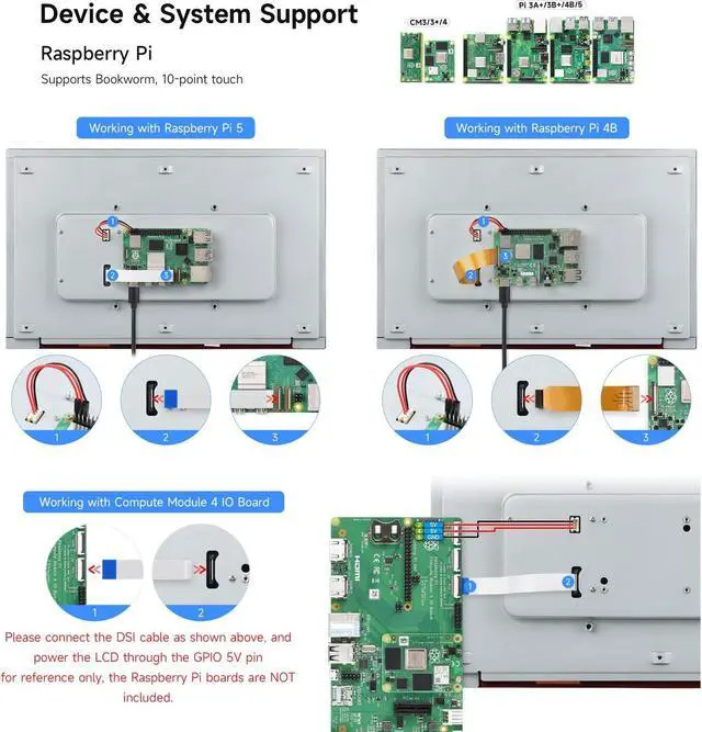 Alt view image 4 of 5 - waveshare 13.3inch High Resolution DSI Capacitive Touch Display, Compatible with Raspberry Pi 5/4B/3B/CM3/3+/4, 1920 x 1080, IPS, DSI Interface, 10-Point Touch, Full Metal Back Panel