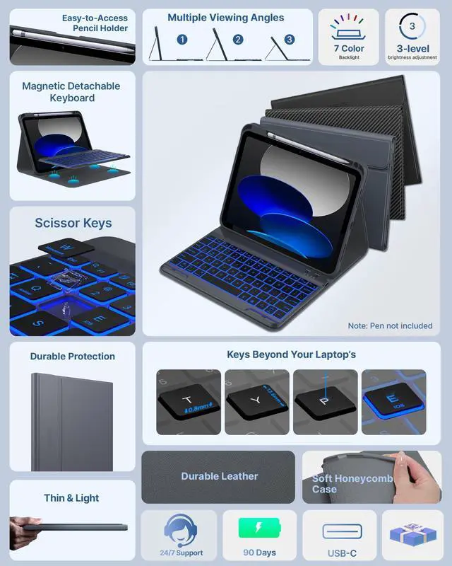 Alt view image 3 of 5 - typecase Folio Keyboard Case for iPad 10th Generation 2022 (10.9"), 7-Color Backlit, Magnetic Wireless Detachable, Thin & Light, Pencil Holder, Charcoal Gray