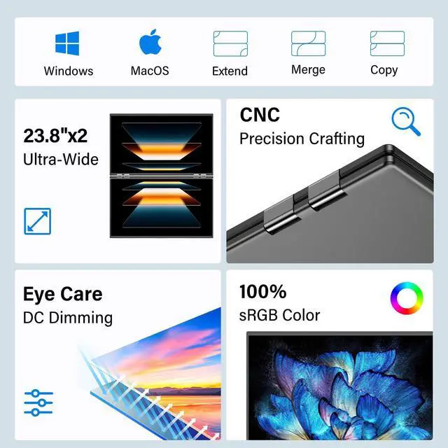 Alt view image 4 of 5 - InnoView 23.8" FHD Dual Portable Monitor 1920x1080P 100% sRGB - Foldable & Stackable Design with 315° Screen Adjustment & 180° Stand | USB-C/HDMI, Dual Monitor for Laptop, Mac, Windows