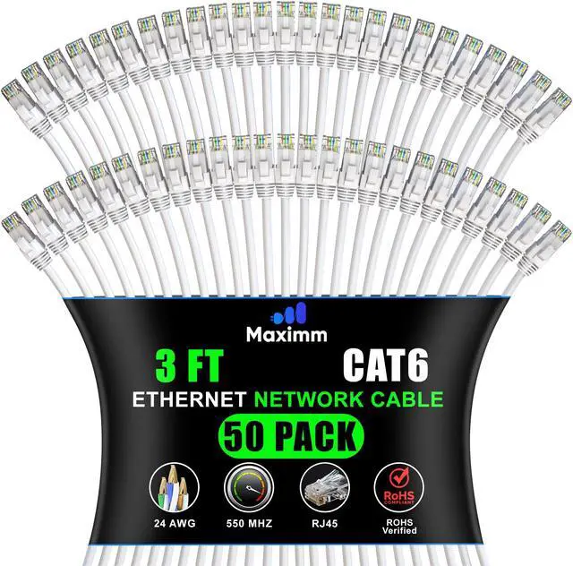 Main image of Maximm Cat 6 Ethernet Cable 3 ft (50-Pack) - High-Speed LAN Cable, Internet Cable, Patch Cable, and Network Cable - UTP, 10Gbps, 550MHz Ethernet Cord - White