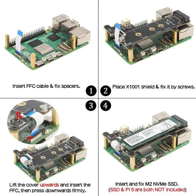 Alt view image 5 of 5 - Geekworm X1001 PCIe to M.2 HAT Key-M NVMe SSD PIP Peripheral Board+ P579 Metal Case+Active Cooler H505 for Raspberry Pi 5
