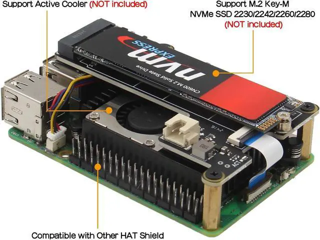 Alt view image 4 of 5 - Geekworm X1001 PCIe to M.2 HAT Key-M NVMe SSD PIP Peripheral Board+ P579 Metal Case+Active Cooler H505 for Raspberry Pi 5