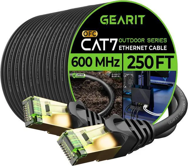 Main image of GearIT Cat7 Outdoor Ethernet Cable (250ft) SFTP Shielded Foil Twisted Pair, Pure Copper, LLDPE, Waterproof, Direct Burial, In-Ground, UV Resistant, POE, Network, LAN, Internet, Cat 7-250 Feet