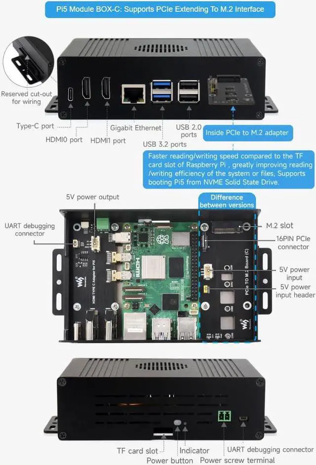 Alt view image 4 of 5 - waveshare Multi-Functional All-in-one Mini-Computer Kit Designed for Raspberry Pi 5,Aluminum Alloy Case+Pi5 HDMI and Type-C Adapter+PCIe to M.2 Board