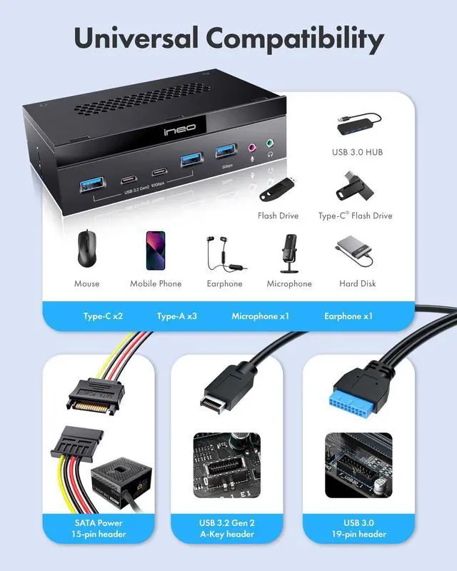 Alt view image 4 of 5 - ineo 5.25 inch Front Panel USB 3.2 Gen2 Hub (2x10G USBC, 2x10G USBA, 1x USB3.0 TypeA, and Audio Mic Jack) [3570]
