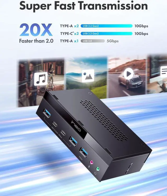 Alt view image 3 of 5 - ineo 5.25 inch Front Panel USB 3.2 Gen2 Hub (2x10G USBC, 2x10G USBA, 1x USB3.0 TypeA, and Audio Mic Jack) [3570]