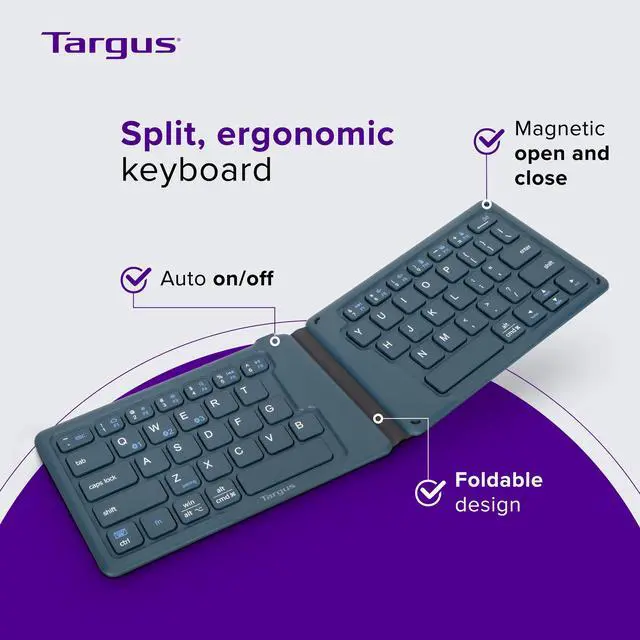 Alt view image 2 of 5 - Targus Ergonomic Foldable Bluetooth Keyboard, Split Travel Keyboard Wireless, Rechargeable Portable Wireless Keyboard for Android iPhone Microsoft & Apple Tablets, Blue (PKF00302US),Black