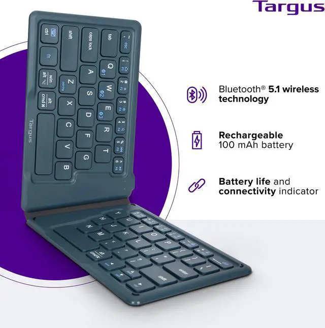 Alt view image 3 of 5 - Targus Ergonomic Foldable Bluetooth Keyboard, Split Travel Keyboard Wireless, Rechargeable Portable Wireless Keyboard for Android iPhone Microsoft & Apple Tablets, Blue (PKF00302US),Black