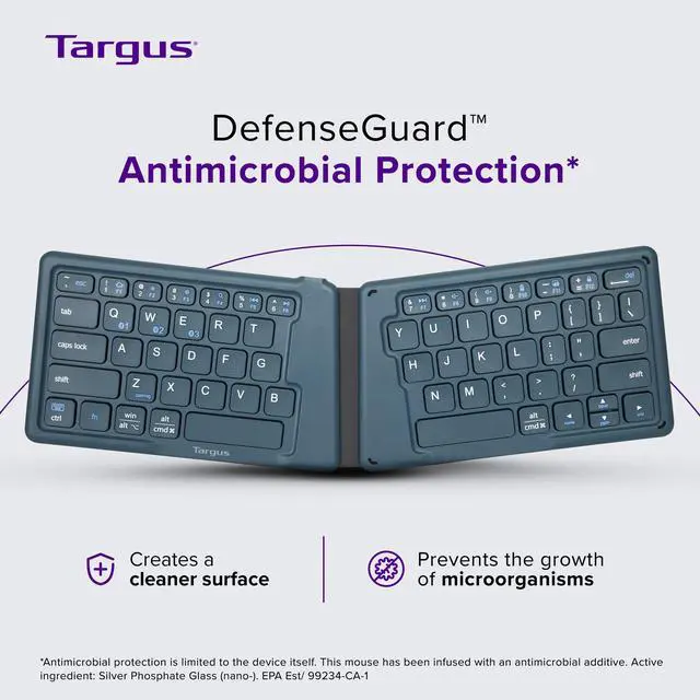 Alt view image 4 of 5 - Targus Ergonomic Foldable Bluetooth Keyboard, Split Travel Keyboard Wireless, Rechargeable Portable Wireless Keyboard for Android iPhone Microsoft & Apple Tablets, Blue (PKF00302US),Black