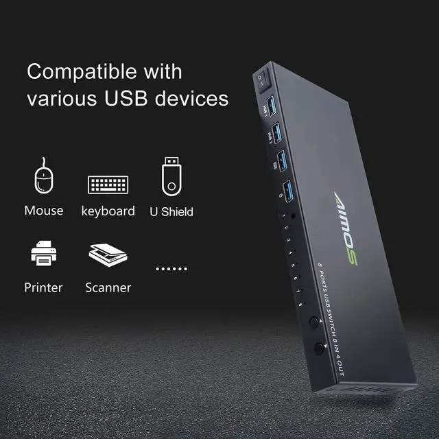 Alt view image 4 of 5 - USB 2.0 USB Switch Selector, AIMOS 8 in 4 Out USB Printer Sharer Switcher for 8 PC Sharing 4 USB Devices Mouse, Keyboard, Scanner, Printer, Etc
