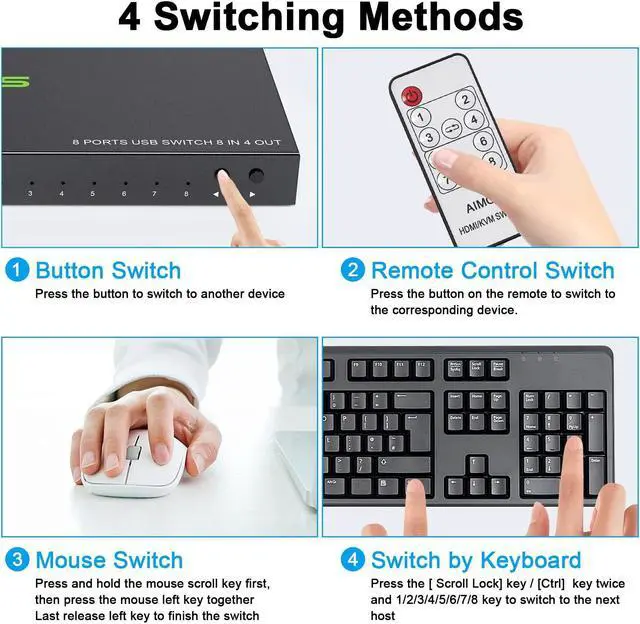 Alt view image 3 of 5 - USB 2.0 USB Switch Selector, AIMOS 8 in 4 Out USB Printer Sharer Switcher for 8 PC Sharing 4 USB Devices Mouse, Keyboard, Scanner, Printer, Etc