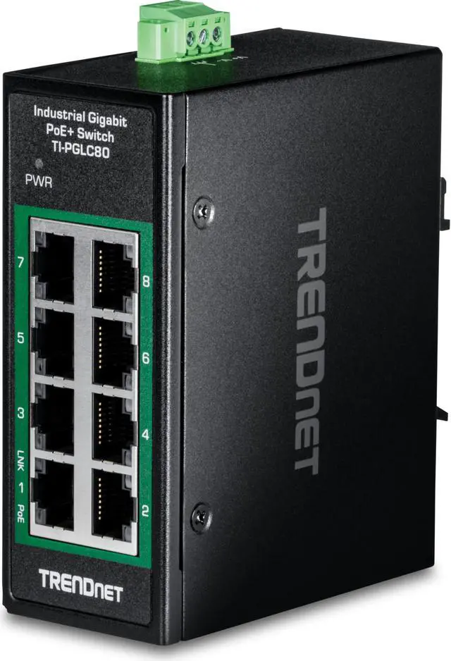 Main image of TRENDnet 8-Port Industrial Gigabit PoE+ DIN-Rail Mini Switch, TI-PGLC80, 8 x Gigabit PoE+ Ports, 200W PoE+ Power Budget, 16Gbps Switching Capacity, NDAA & TAA Compliant