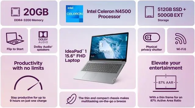 Alt view image 3 of 5 - Lenovo IdeaPad Newest Slim Laptop, 20GB RAM, 1TB Storage (512GB SSD & 500GB External), Dual Core Intel Processor, 15.6 Inch Anti-Glare Display, WiFi 6, HD Webcam, Long Battery, Office 365, Win 11