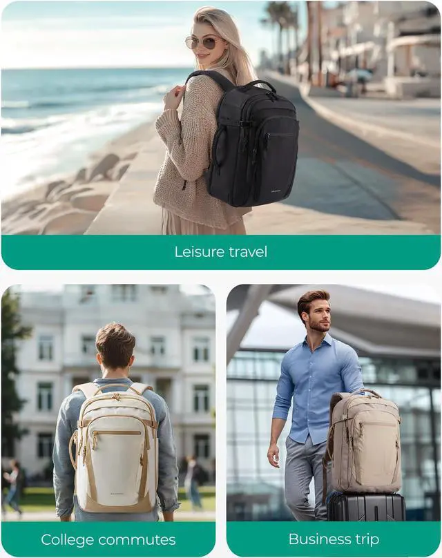 Alt view image 2 of 5 - BAGSMART Travel Backpack for Men Women, Carry On Backpack Flight Approved TSA Friendly with USB Charging Hole Lightweight Weekender Bag Casual Daypack 17.3 Inch Laptop Business Work Backpack, Beige