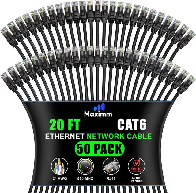 Main image of Maximm Cat 6 Ethernet Cable 20 ft (50-Pack) - High-Speed LAN Cable, Internet Cable, Patch Cable, and Network Cable - UTP, 10Gbps, 550MHz Ethernet Cord - Black