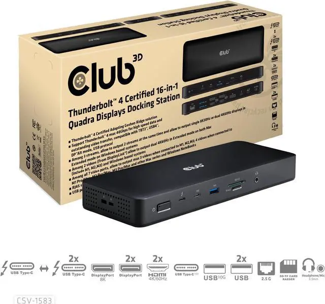 Alt view image 3 of 5 - Club 3D CSV-1583 Thunderbolt 4 Certified 16-in-1 Docking Station- with 40Gbps Data and Video, 4 Display Output, Ethernet RJ45 2.5Gbps
