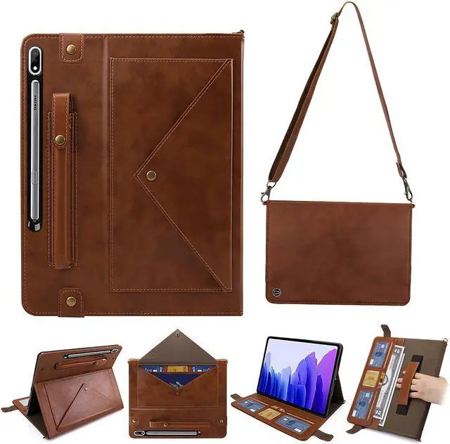Main image of Tablet Carrying Shoulder Bag Case for Samsung Galaxy Tab S10+ Plus/ S9 FE+ Plus 5G/ S9+ 12.4", PU Leather Hand Strap Crossbody Shoulder Strap Cards Holder Pocket S Pen Holder Stand Case,Coffee