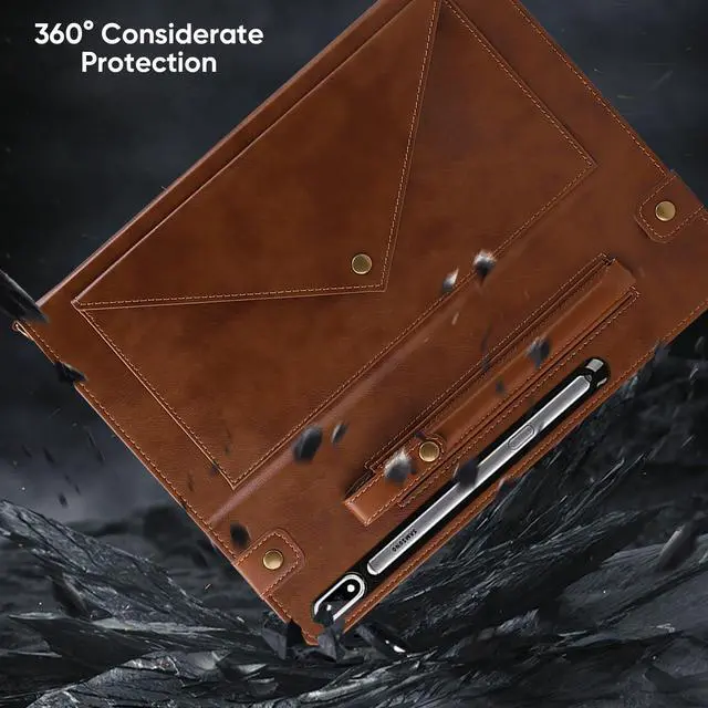 Alt view image 4 of 5 - Tablet Carrying Shoulder Bag Case for Samsung Galaxy Tab S10+ Plus/ S9 FE+ Plus 5G/ S9+ 12.4", PU Leather Hand Strap Crossbody Shoulder Strap Cards Holder Pocket S Pen Holder Stand Case,Coffee