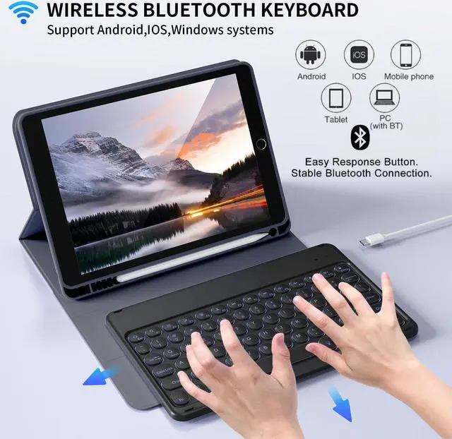 Alt view image 4 of 5 - Aoub Keyboard Case for iPad 9th/8th/7th Generation 10.2 inch, 7 Colors Backlit, Stand Folio Detachable Wireless Bluetooth Keyboard Cover Soft TPU Back Case for iPad 10.2 2021/2020/2019 - Purple