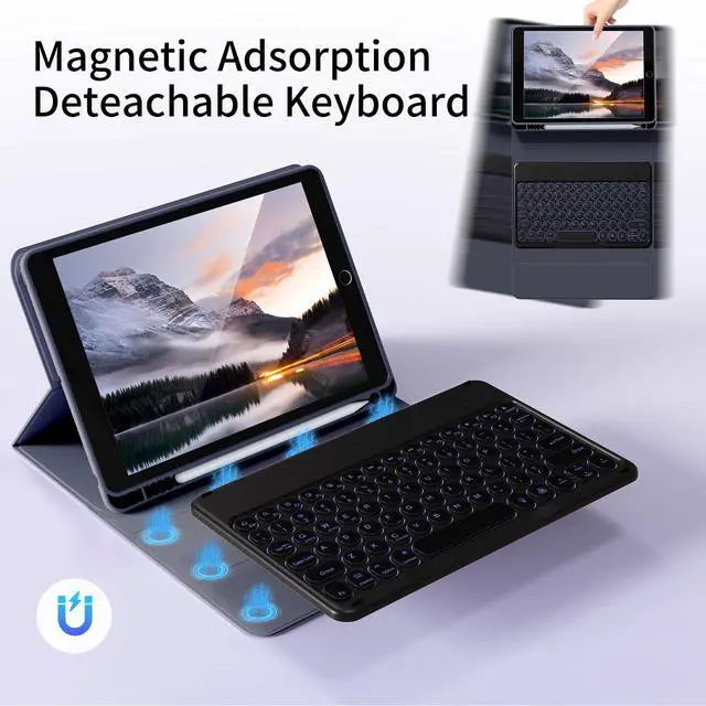 Alt view image 5 of 5 - Aoub Keyboard Case for iPad 9th/8th/7th Generation 10.2 inch, 7 Colors Backlit, Stand Folio Detachable Wireless Bluetooth Keyboard Cover Soft TPU Back Case for iPad 10.2 2021/2020/2019 - Purple