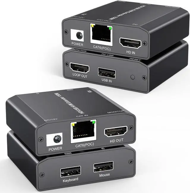 Main image of HDMI USB KVM Extender Over Cat 6/7 1080P@60Hz KVM Extender 150M/492FT HDMI Over Ethernet Transmitter Receiver Support Keyboard Mouse,No Latency POC Function Single Power Supply