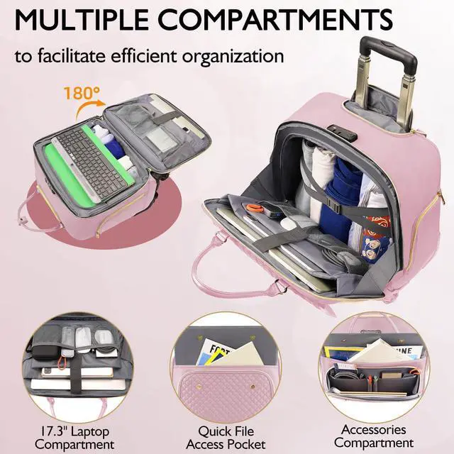 Alt view image 4 of 5 - Arcoyard Rolling Laptop Bag, Briefcase for Women with 4 Spinner Wheels and Telescopic Extendable Handle, Roller Computer Bag for Work Travel Carry On Luggage, TSA Friendly Design, Pink