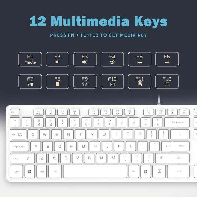 Alt view image 5 of 5 - B.FRIENDIT Wired USB Keyboard, Comfortable Quiet Chocolate Keys, Durable Ultra-Slim Wired Computer Keyboard, QWERTY Layout for PC, Windows 11/10/8/7, KB1430 - White