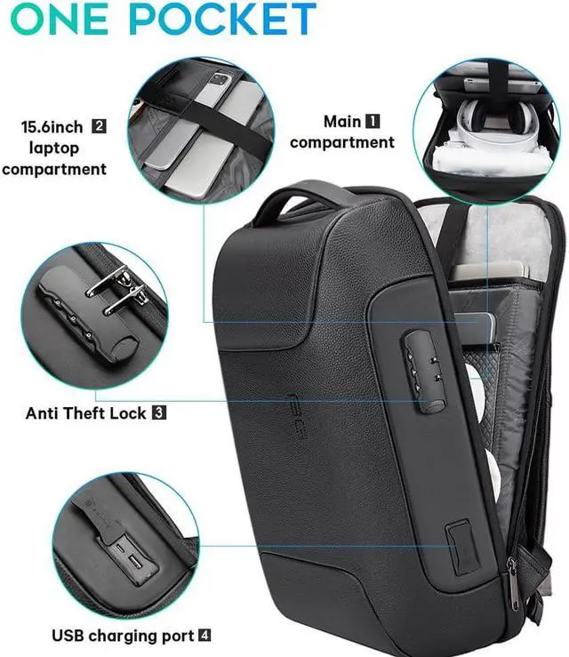 Alt view image 2 of 5 - BANGE Black Genuine Leather Laptop Backpack for Men,Anti Theft Business Backpack with USB3.0 Charging Port, Smart Professional Lightweight Travel Backpacks for 15.6 Inch Laptop...