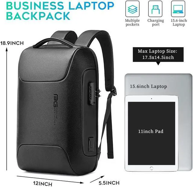 Alt view image 4 of 5 - BANGE Black Genuine Leather Laptop Backpack for Men,Anti Theft Business Backpack with USB3.0 Charging Port, Smart Professional Lightweight Travel Backpacks for 15.6 Inch Laptop...