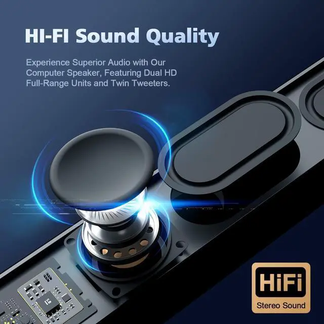 Alt view image 2 of 5 - Computer Speakers for Desktop PC, HiFi Stereo Poratble Bluetooth Speaker, Computer Soundbar, 3.5mm Aux-in Computer Sound Bar with Deep Impactful Bass, Gaming Speakers for PC,Laptop,Tablet
