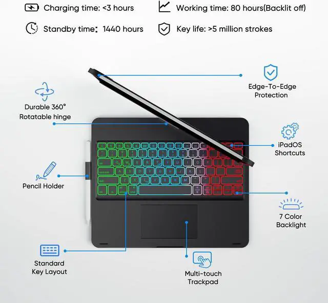 Alt view image 5 of 5 - doqo iPad Pro 13 inch Case with Keyboard (M4, 2024),Keyboard case for iPad Pro 13 2024 with Multi-Touch Trackpad, 7 Colors Backlight & 360degRotatable,Thin&Light for iPad Pro 13 M4 Black