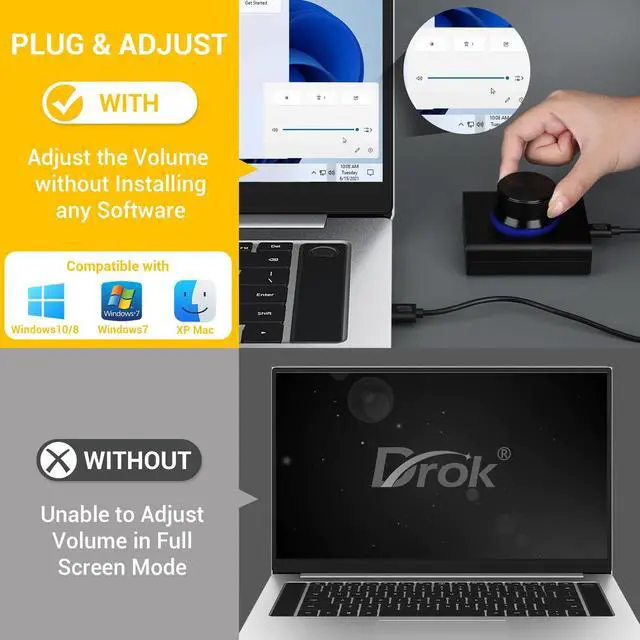 Alt view image 2 of 5 - DROK USB Volume Knob, Big PC Computer Speaker Audio External USB Volume Control Knob with 1-Key Mute Function Support Win7 8 10 XP Mac Vista Android, Black