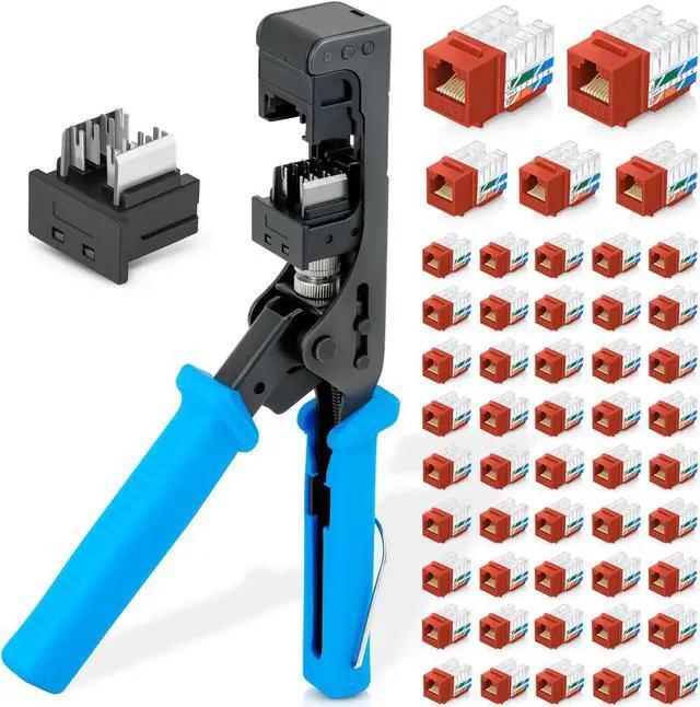 Main image of Bundle - 3 Items: easyJACK - 90deg Angled Speed Termination Tool + Replacement Head + 90deg Angled Cat6 Keystone Jacks in Orange (50 Pack)