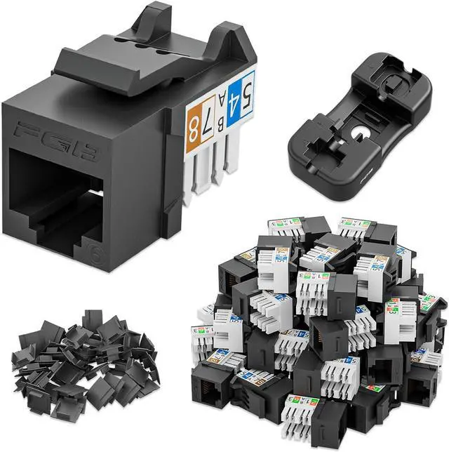 Main image of FGB 50-Pack Cat6 Keystone Jacks with Punch Down Stand, Slim Profile RJ45 Ethernet Keystone Couplers, 90deg Compact Design, 10Gbps High-Speed Performance, Black