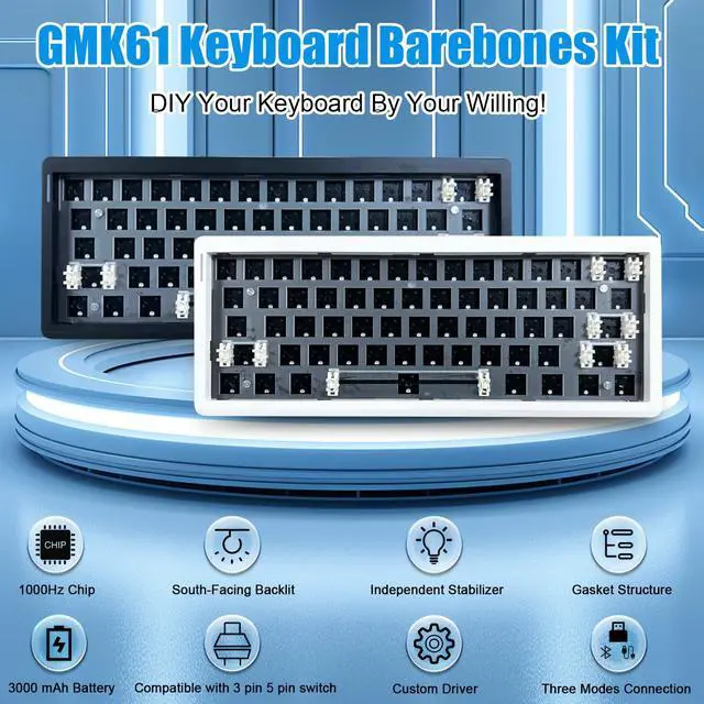Alt view image 2 of 5 - FKZ GMK61 60% Keyboard Kit,Hot Swappable PCB Custom RGB Gaming Keyboard Tri-Mode BT5.0/2.4Ghz/USB-C Wired Barebones Keyboard Gasket Mount 61 Keys Programmable Mechanical Keyboard DIY Kit (Black)