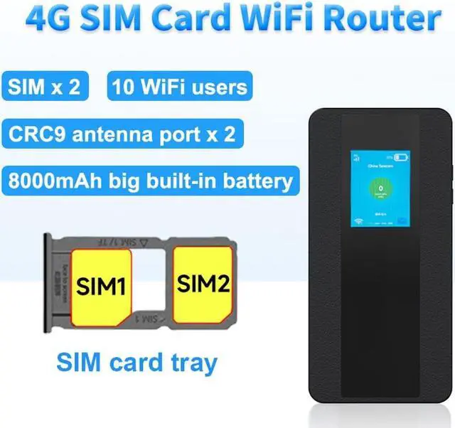 Alt view image 3 of 5 - HOSAYA Portable WiFi 4G Dual SIM Cards WiFi Router Color LCD Display 10 WiFi Users 8000mah Big Battery LTE Modem Pocket Hotspot SIM Slot x 2