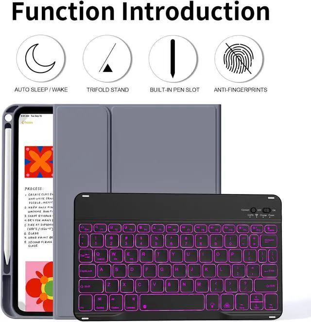 Alt view image 2 of 5 - kenke for iPad 11/10th Gen Case with Keyboard 11/10.9 inch 2025 A16/2022, Detachable Wireless Bluetooth Keyboard Case with Left Side Pencil Holder, Backlit Black Square Keycaps (Purple)