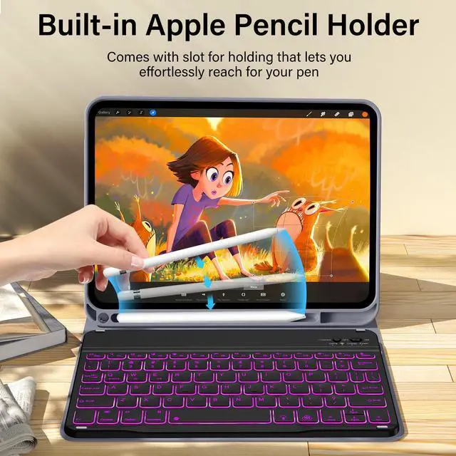 Alt view image 4 of 5 - kenke for iPad 11/10th Gen Case with Keyboard 11/10.9 inch 2025 A16/2022, Detachable Wireless Bluetooth Keyboard Case with Left Side Pencil Holder, Backlit Black Square Keycaps (Purple)