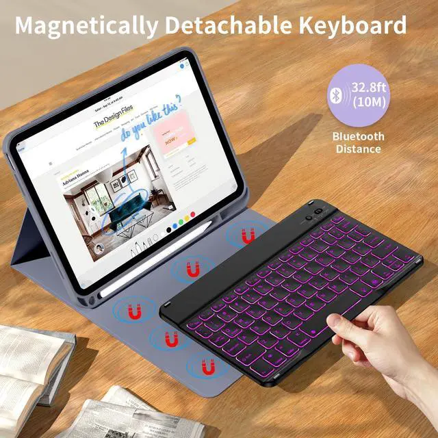 Alt view image 3 of 5 - kenke for iPad 11/10th Gen Case with Keyboard 11/10.9 inch 2025 A16/2022, Detachable Wireless Bluetooth Keyboard Case with Left Side Pencil Holder, Backlit Black Square Keycaps (Purple)