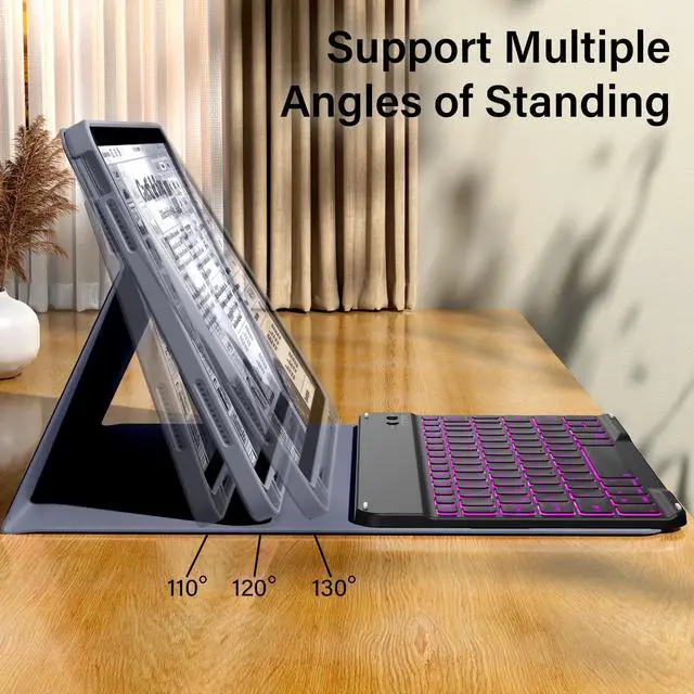 Alt view image 5 of 5 - kenke for iPad 11/10th Gen Case with Keyboard 11/10.9 inch 2025 A16/2022, Detachable Wireless Bluetooth Keyboard Case with Left Side Pencil Holder, Backlit Black Square Keycaps (Purple)