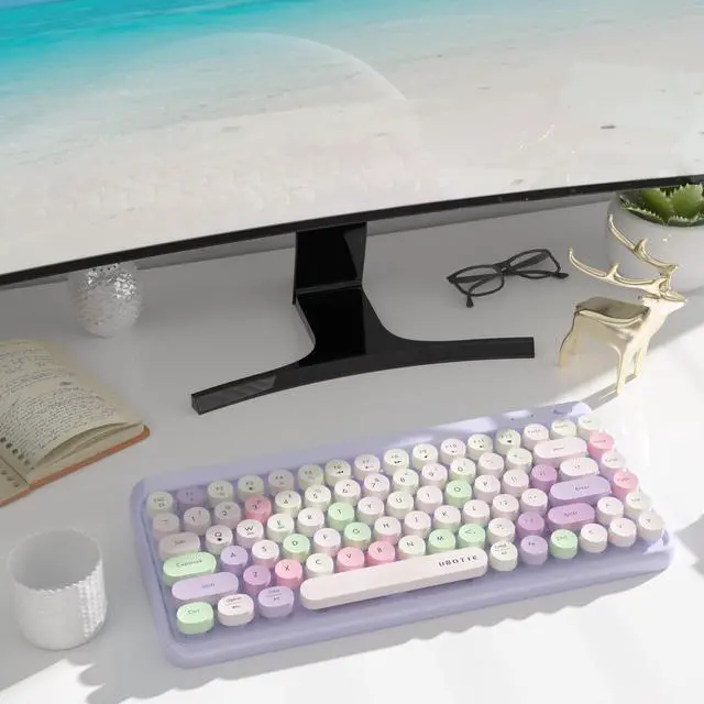 Alt view image 3 of 5 - UBOTIE Portable Bluetooth Colorful Computer Keyboards, Wireless Mini Compact Retro Typewriter Flexible 84Keys Design Keyboard (Purple-Colorful)