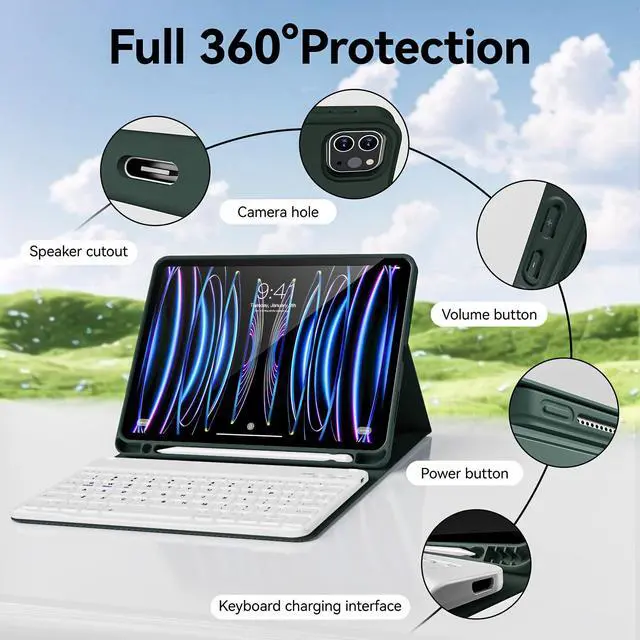 Alt view image 3 of 5 - KVTVOU Keyboard Case for iPad Pro 11 Inch 4th Generation/Pro 3rd Gen/Pro 2nd Gen with Pencil Holder, Folio Detachable Wireless Bluetooth Keyboard & Flip Stand Case for iPad Pro 11 Inch, Dark Green