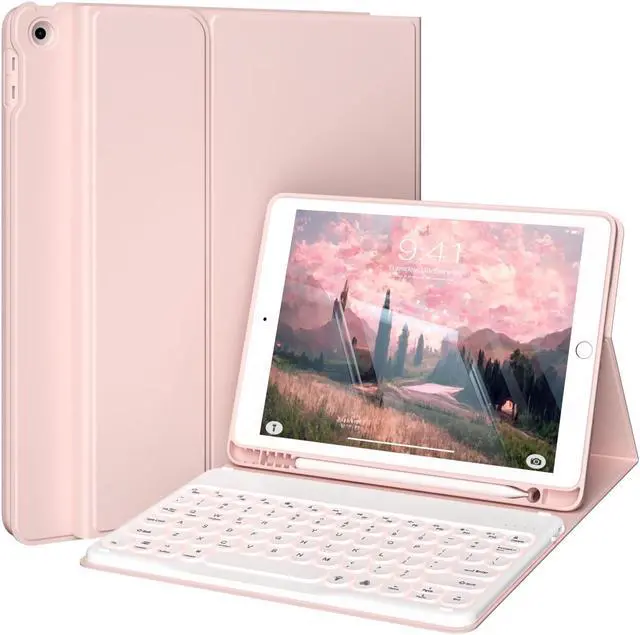 Main image of KVTVOU for iPad 9th/8th/7th Generation Case with Keyboard (2021/2020/2019) - 7 Colors Backlit Wireless Detachable Folio Keyboard Cover with Pencil Holder for iPad 10.2 Inch, Pink