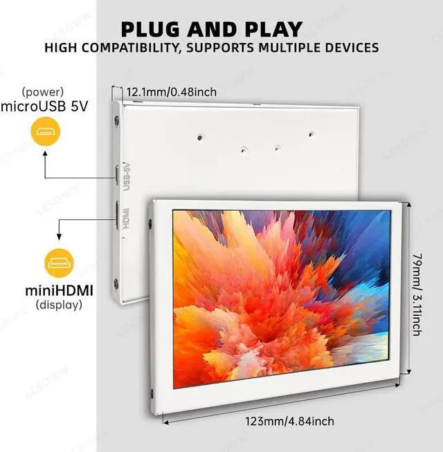Alt view image 3 of 5 - LESOWN Mini Portable Monitor 5 inch IPS Small Display 480x800 HDMI 5V USB Powered Little Lightweight Status-Display Screen White Metal Case for Temperature Monitoring PC Laptop Computer, Plug and Play