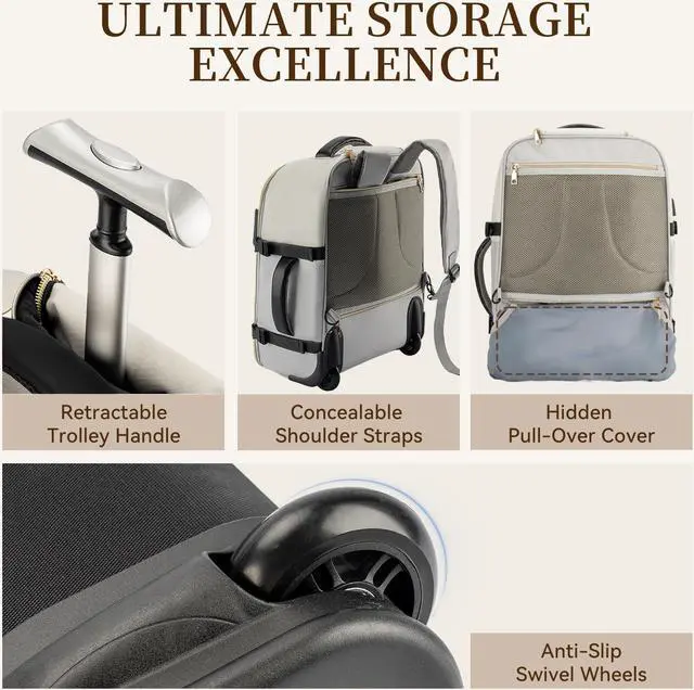 Alt view image 2 of 5 - LOUEO Rolling Backpack for Women, Travel Rolling Backpack for Adults with Wheels, 17 Inch Wheeled Backpack Carry on Luggage