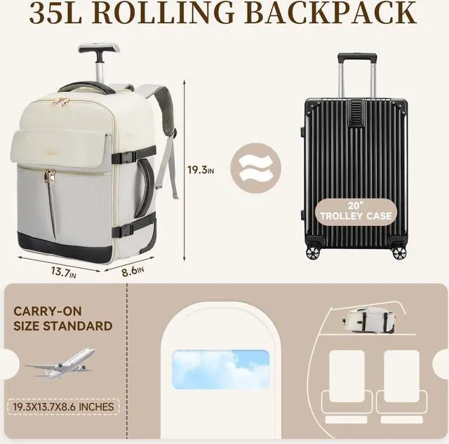 Alt view image 3 of 5 - LOUEO Rolling Backpack for Women, Travel Rolling Backpack for Adults with Wheels, 17 Inch Wheeled Backpack Carry on Luggage