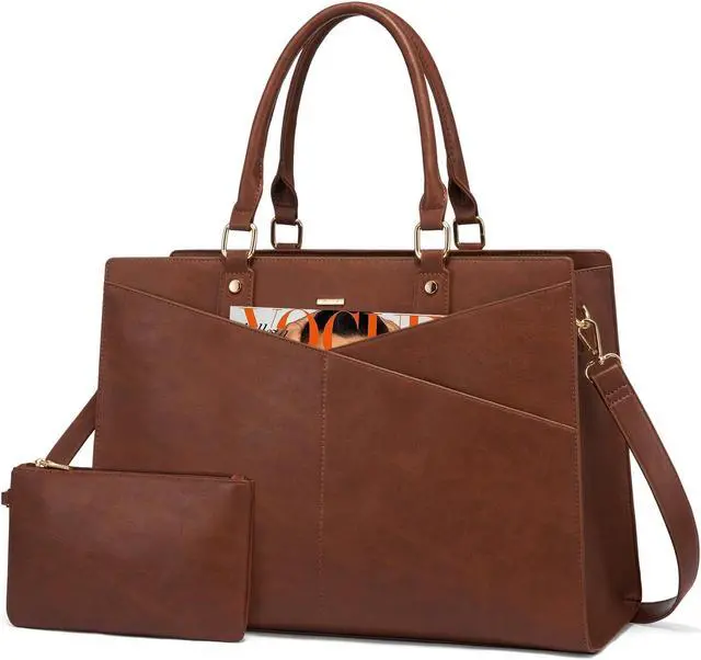 Main image of LOVEVOOK Laptop Tote Bag for Women, Leather Business Office Work Bag Computer Briefcase with Small Clutch fit for 15.6 Inch Laptop Retro Brown
