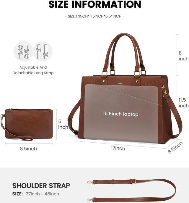 Alt view image 4 of 5 - LOVEVOOK Laptop Tote Bag for Women, Leather Business Office Work Bag Computer Briefcase with Small Clutch fit for 15.6 Inch Laptop Retro Brown