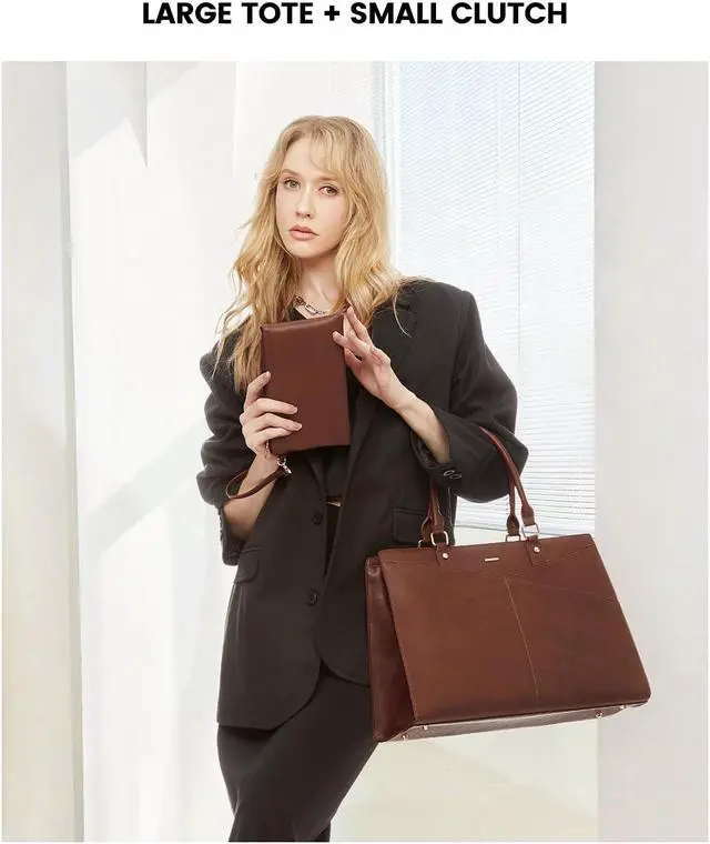 Alt view image 3 of 5 - LOVEVOOK Laptop Tote Bag for Women, Leather Business Office Work Bag Computer Briefcase with Small Clutch fit for 15.6 Inch Laptop Retro Brown