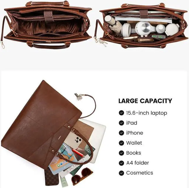 Alt view image 5 of 5 - LOVEVOOK Laptop Tote Bag for Women, Leather Business Office Work Bag Computer Briefcase with Small Clutch fit for 15.6 Inch Laptop Retro Brown